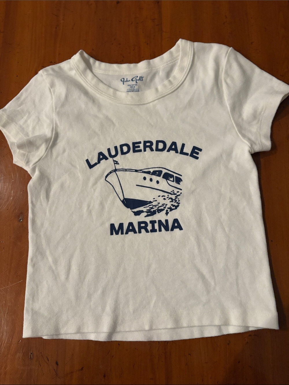 John Galt White Tee with Navy Marina Boat Graphic